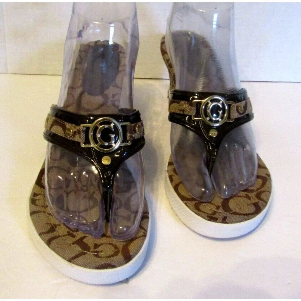 Guess Signature Sandals Brown Wedge Heels Canvas Leather Slip On Size 8M
